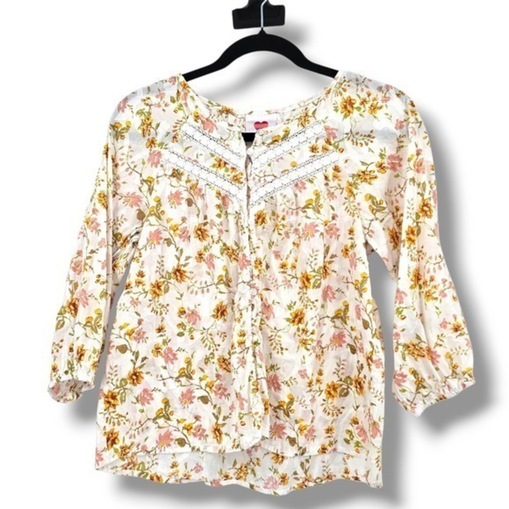 Hester Orchard Floral Blouse Crochet Trim 3/4 Sleeve Top Size Small